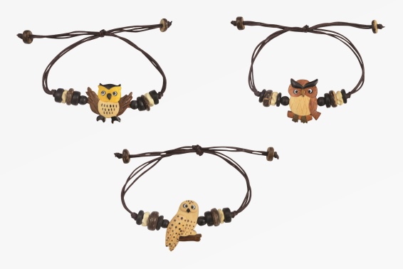 Bracelet wooden owl 3 assorted (24)