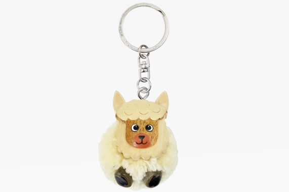 Wooden keychain pompom white alpaca