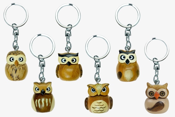 Wooden keychain owl 6 assorted (24)
