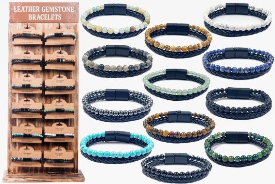 Vegan leather bracelet with stone beads