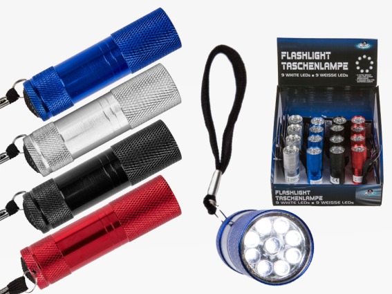 Metal torch with 9 LED 4 asst. (16)